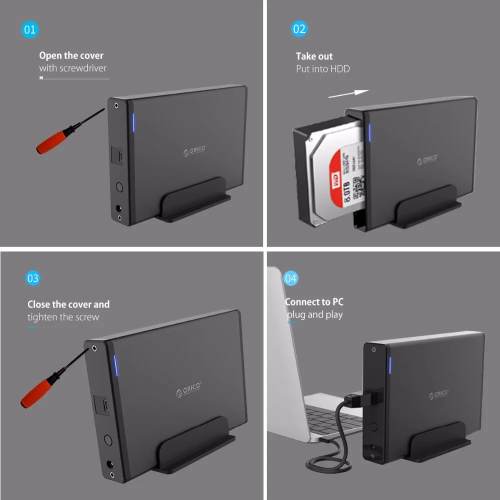Caixa de Armazenamento Usb3.1 para Sata3.0 Orico Polegadas Tipo-c Case Externo Hdd Ssd Disco Rígido Doca Gabinete 5 Gbps Destacável 8 tb 3.5 - Imagem 5