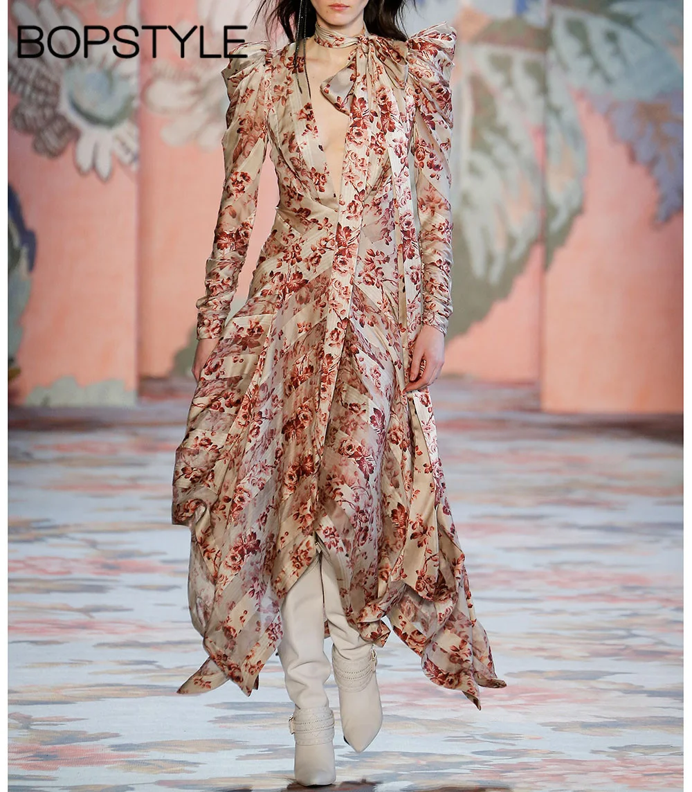 

High-end Silk Deep V Neck Floral Print Unbridled Chevron Dress With Puff Shoulders & Gathering Wrist Detail & Matching Neck Ties