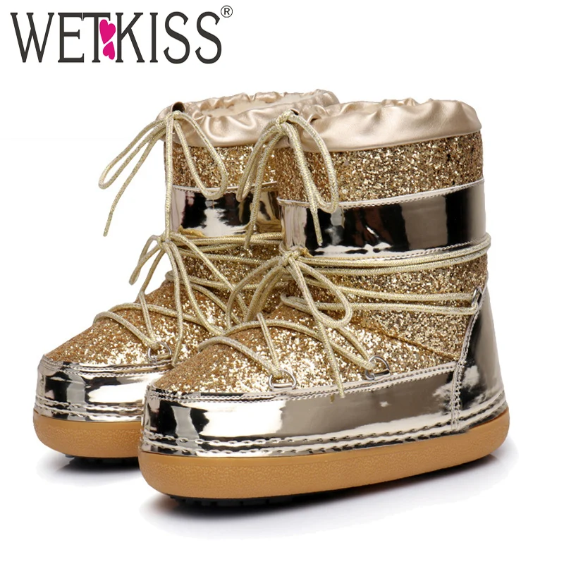 

WETKISS 2018 New Winter Woman Ankle Boots Cross Tied Round Toe Pu Footwear Warm Female Snow Boot Girl Platform Bling Shoes Woman