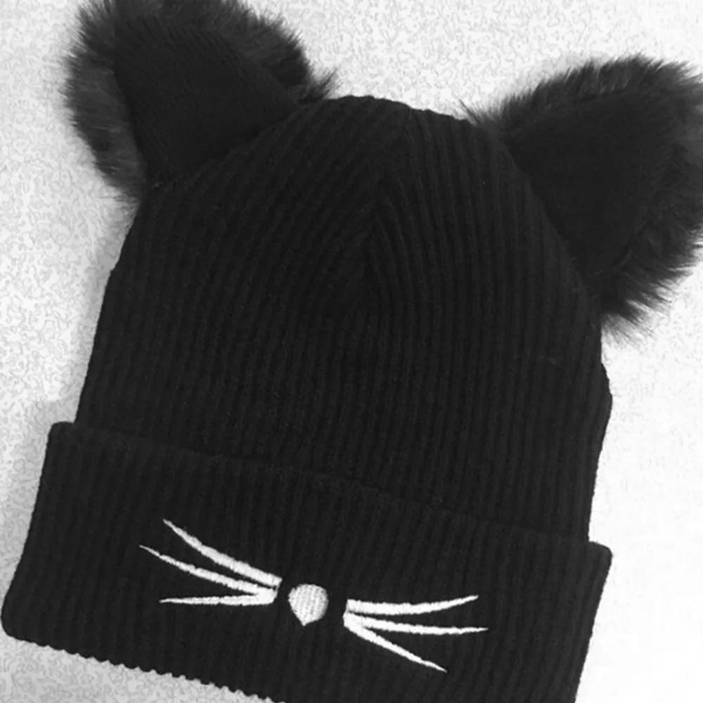 cute women Beanie Devil Horns Black Cat Ear Crochet Braided Knitted Fur