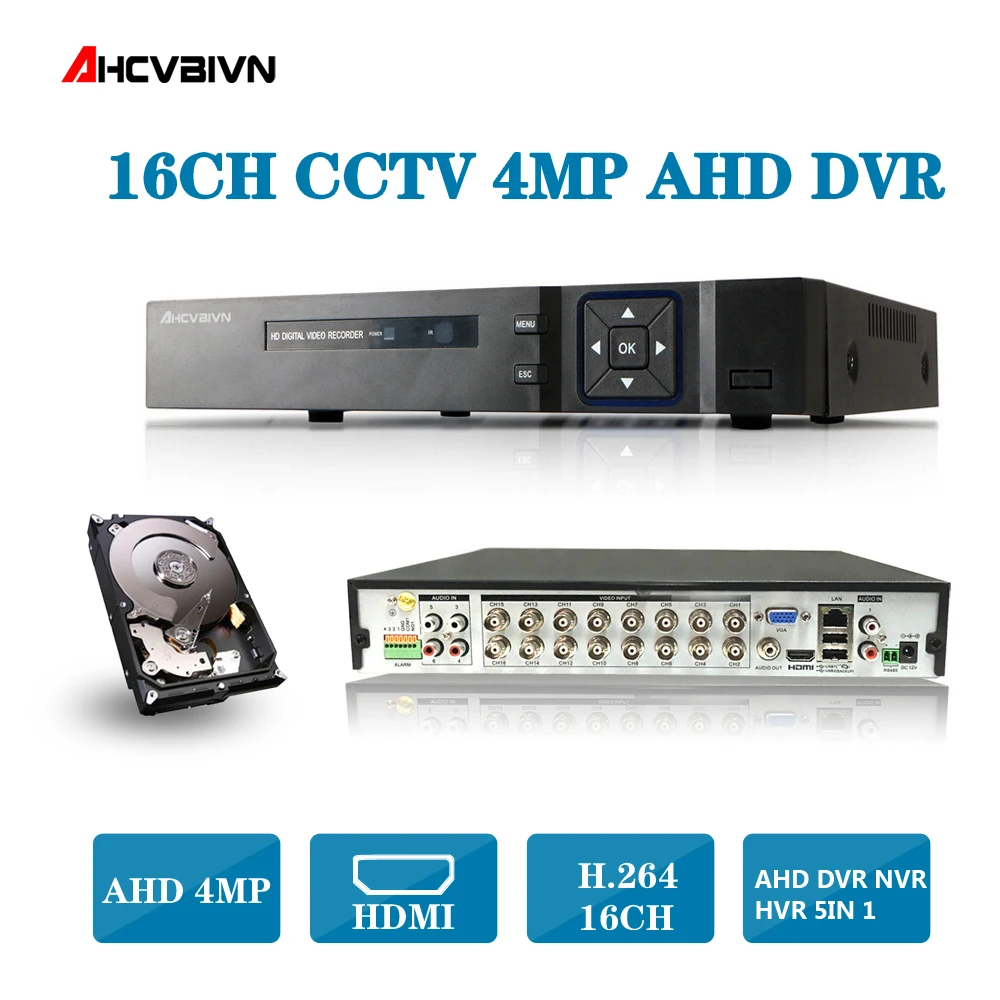 

AHCVBIVN CCTV DVR 16Ch Digital Video Recorder AHD 16 Channel 1080P Hybrid Home Security DVR 5.0MP HDMI Output Onvif P2P