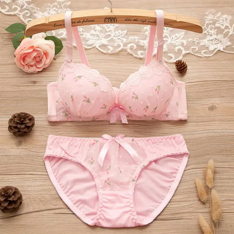 

2019Print Bow Lace Cotton Bra Sets Convertible Push Up Lingerie Bra Underwear Sets For Girl and Women