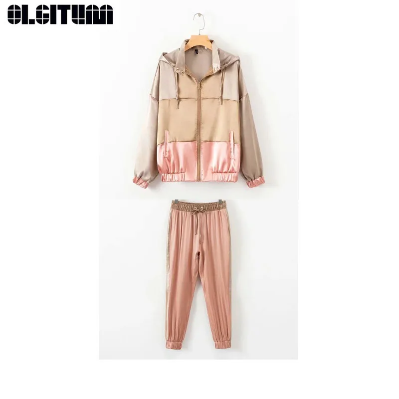 

OLGITUM New Women Sets Elegant Patchwork Hooded Loose Jacket Pants Oversized Pockets Drawstring Tie Ladies Casual Set WS107