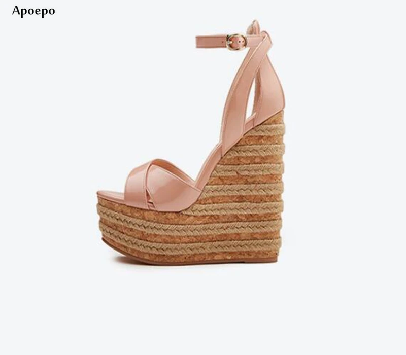 

New Fashion Patent leather wedge Sandal for Woman Super High Ankle Strap Platform Shoes Rope Braided Buckle Strap Summer Shoe