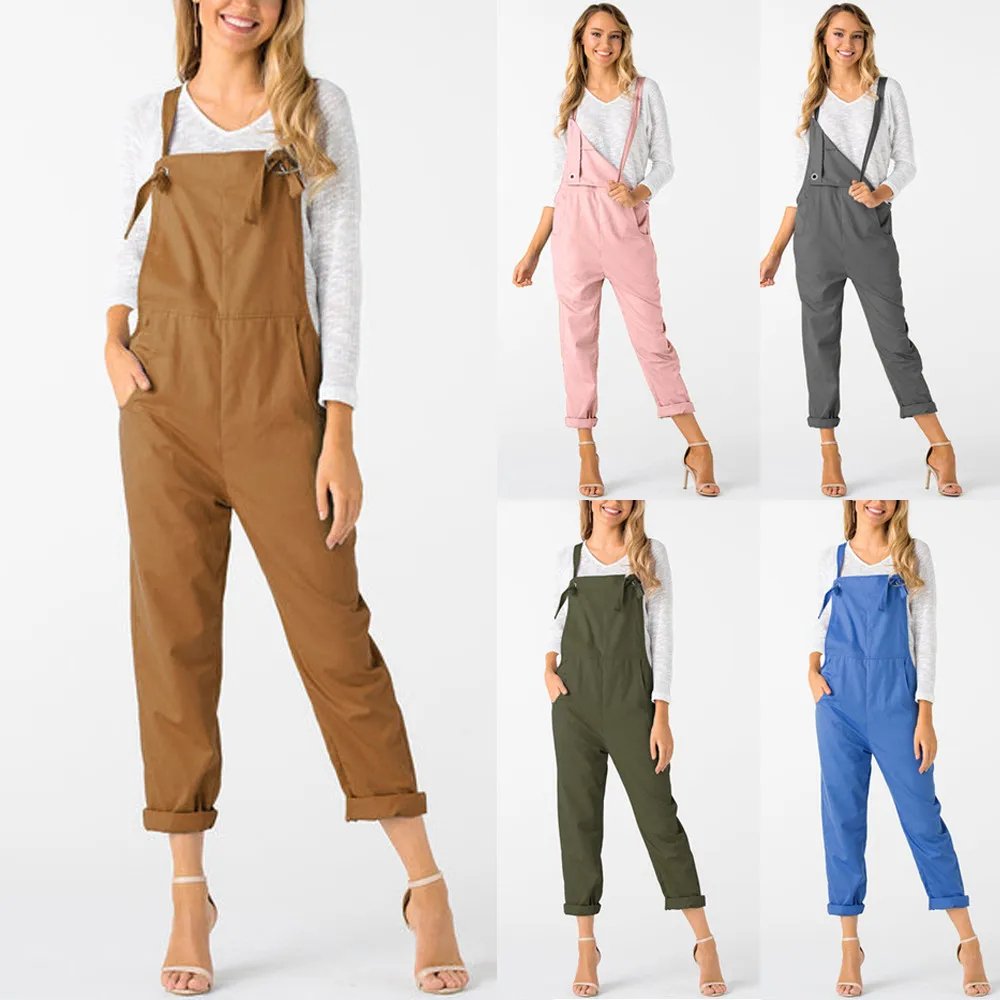 

casual daily office Overalls For Women Dungarees solid High Street Loose Long Pockets Holiday Rompers Jumpsuit Pants Trousers#ss