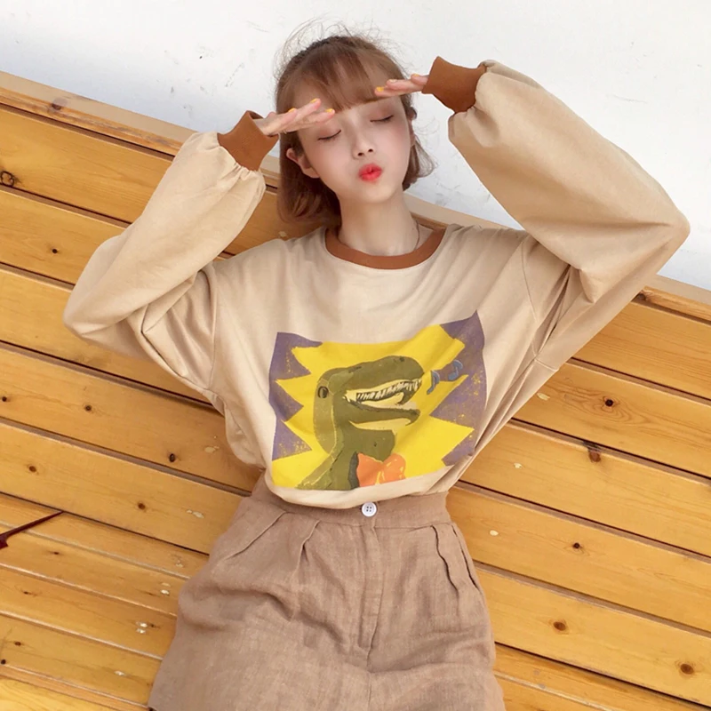 Kopen YouGeMan Tshirt Top Vrouw Kleren Lente Koreaanse Ulzzang Harajuku Cartoon Print Patchwork Kleur Met Lange Mouwen T shirt Vrouwen T shirt