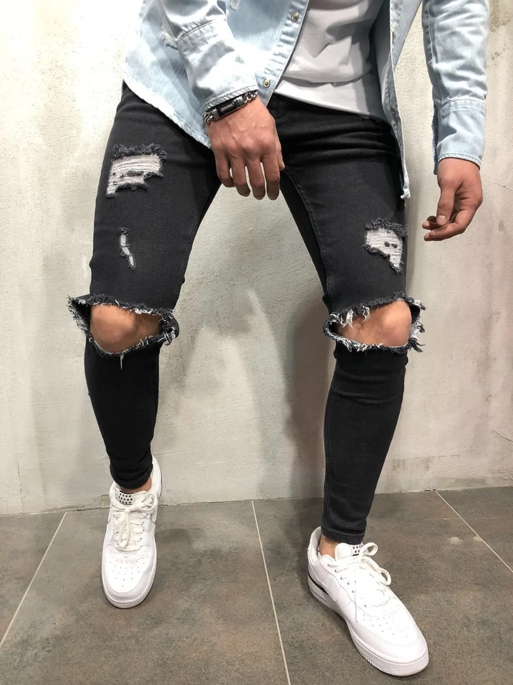 Высококачественные Стрейчевые мужские рваные колени обтягивающие джинсы городская одежда Панк корейский синий черный джинсовый дизайнер огорчен джоггеры брюки