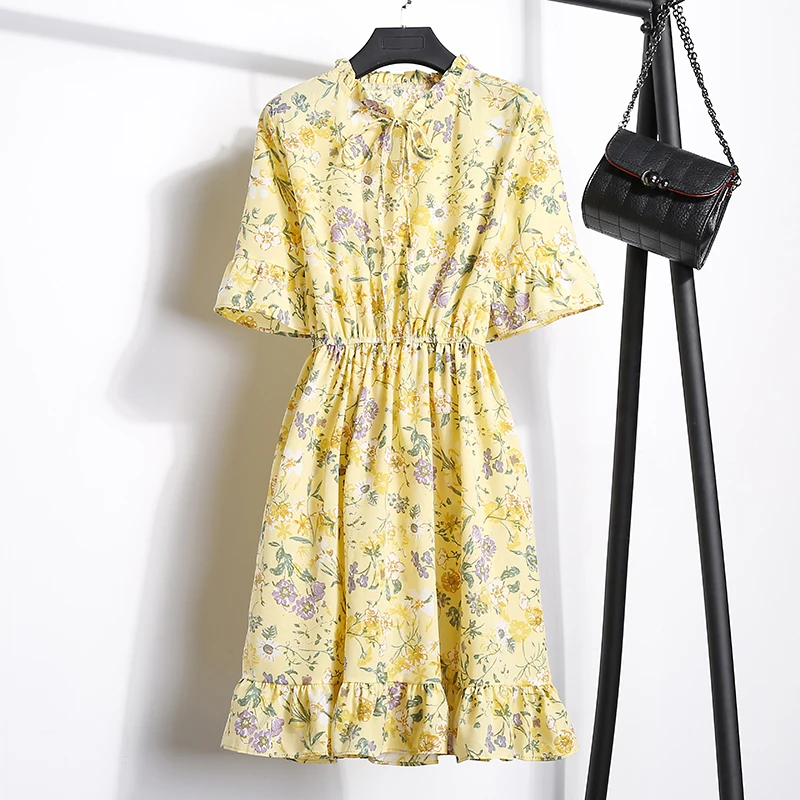 2018送料無料新ファッション花柄シフォンサマードレス甘い薄いスリム女性のワークウェアプリントドレスカジュアルかわいいホット