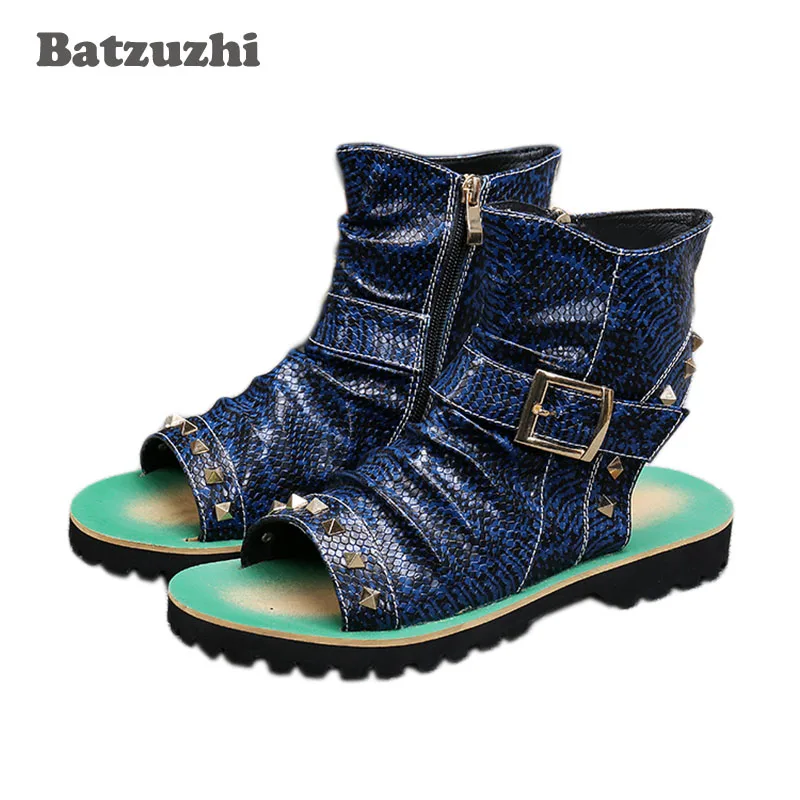 

2021 Brand New Men Leather Sandals Punk with Rivets Open Toe Ankle Sandal Boot Leather Blue Men Gladiator Summer Sandalias, US12