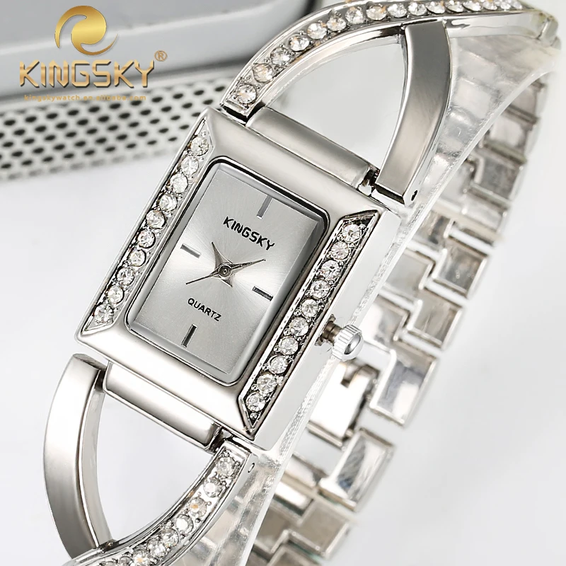 Top Brand KINGSKY Fashion Design Wristwatch Lady Rectangle Diamond Face
