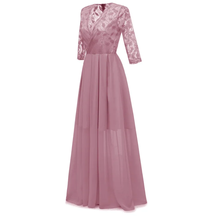Сексуальное открытое Розовое Шифоновое кружевное платье для женщин, весеннее платье с высокой талией и рукавом 3/4, элегантное рождественское длинное платье макси Vestidos