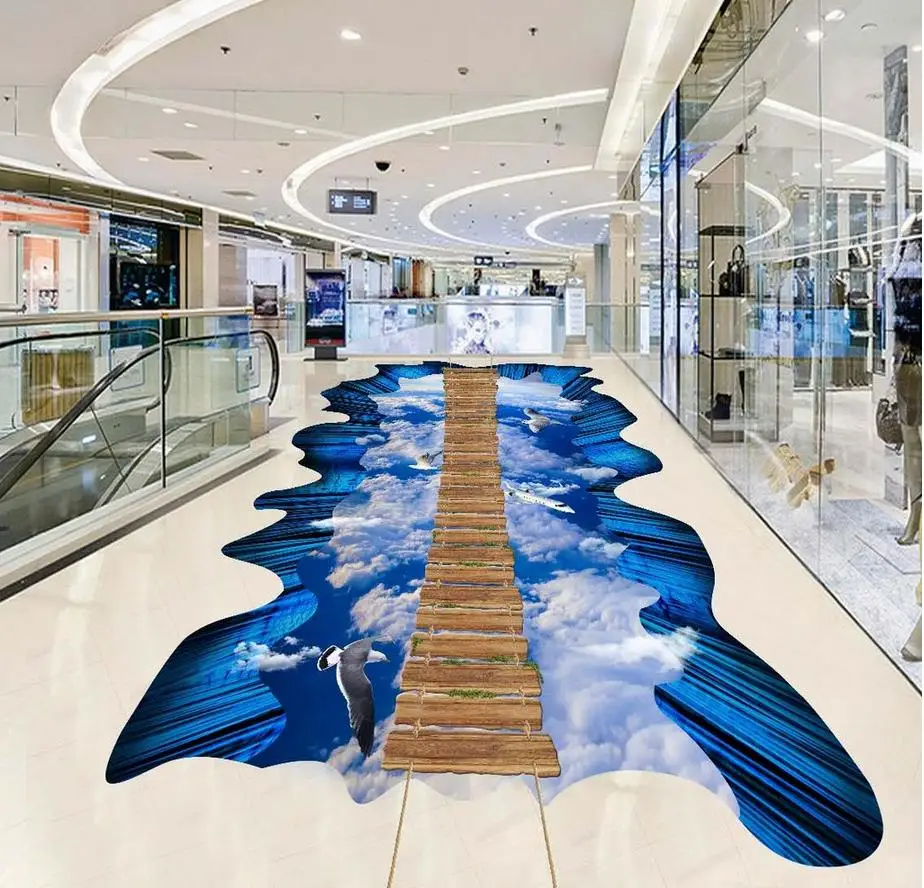 Custom Photo self adhesive 3D floor wallpapers Blue sky wooden bridge