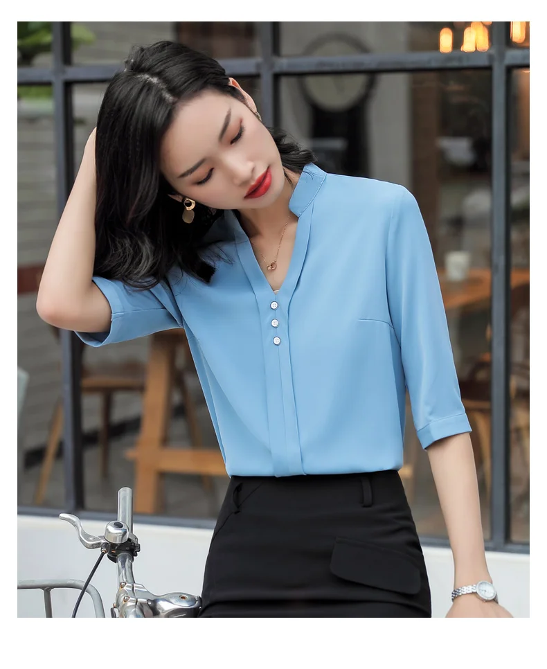 Модная женская рубашка с рукавом средней длины, повседневная, для работы, элегантная, v-образный вырез, для деловых встреч, формальная шифоновая блузка, для офиса, для леди, топы размера плюс