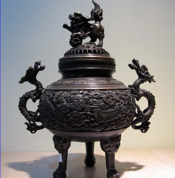 

Collectible bronze lion statue S0361 China Fane Bronze Copper Dragon Unicorn Kirin Foo Dog Lion Incense Burner Censer (B0413)