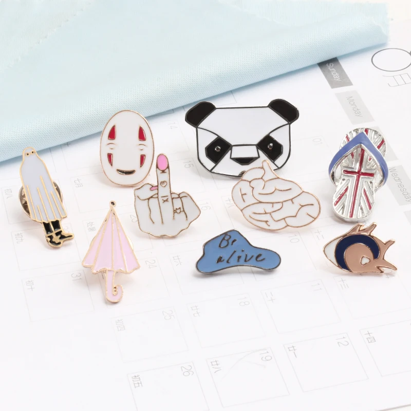 

Enamel Pins Cartoon Brooches Panda Slippers Middle Finger Brain Jackets Clothes Collar Pin Button Badges Women Jewelry Kid Gifts