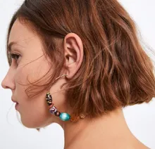 JOUVAL pendientes de aro étnicos bohemios para mujeres coloridos cuentas de madera gran redondo declaración pendiente verano arenoso pendientes(China)