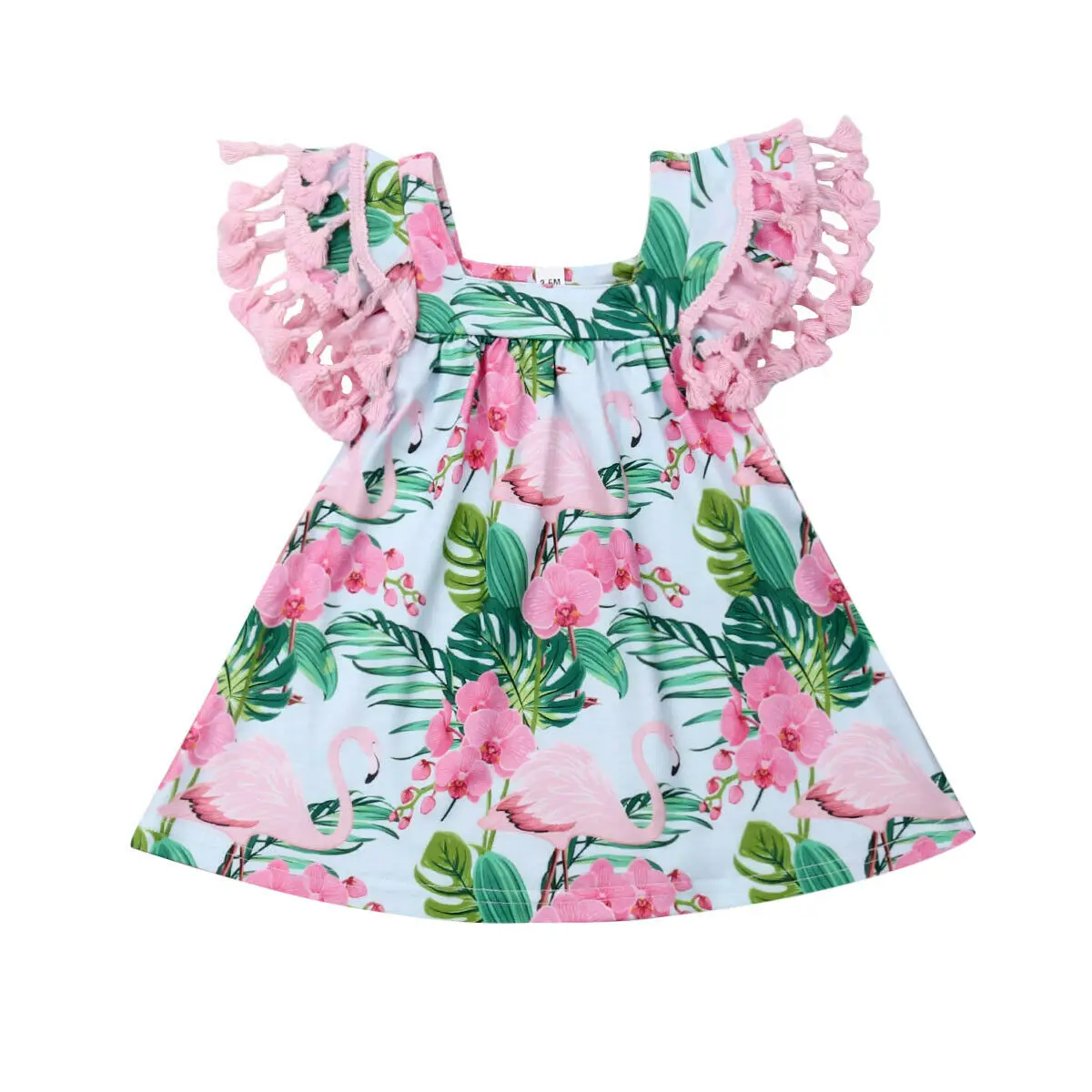 

New Toddler Baby Girls Dress Boho Flamingo Party Dresses Tassel Sleeve Clothes