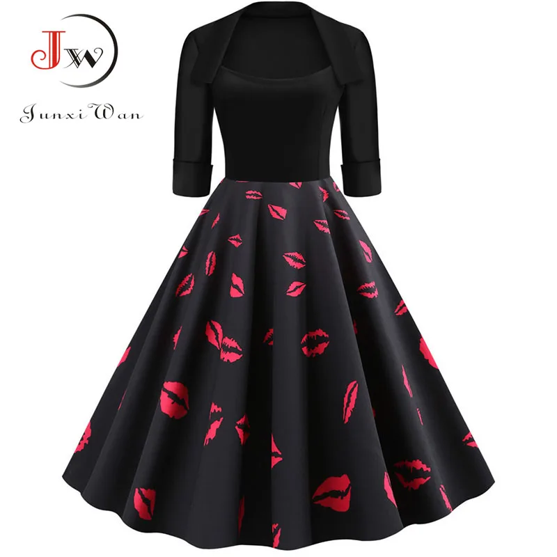 Half Sleeve Black Autumn Winter Women Dress Floral Print Vintage Party Dresses Robe Casual Rockabilly A-Line Pin Up Vestidos - Цвет: 006