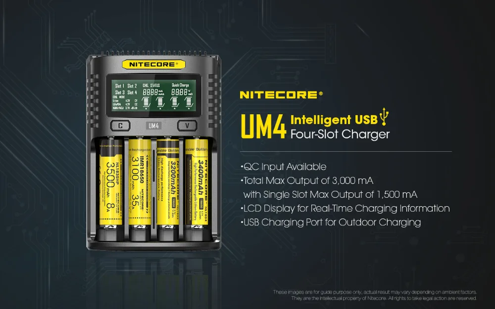Nitecore UM4 USB Четыре слота QC зарядное устройство интеллектуальная схема глобальная страховка Li-Ion AA 18650 14500 16340 26650 зарядное устройство