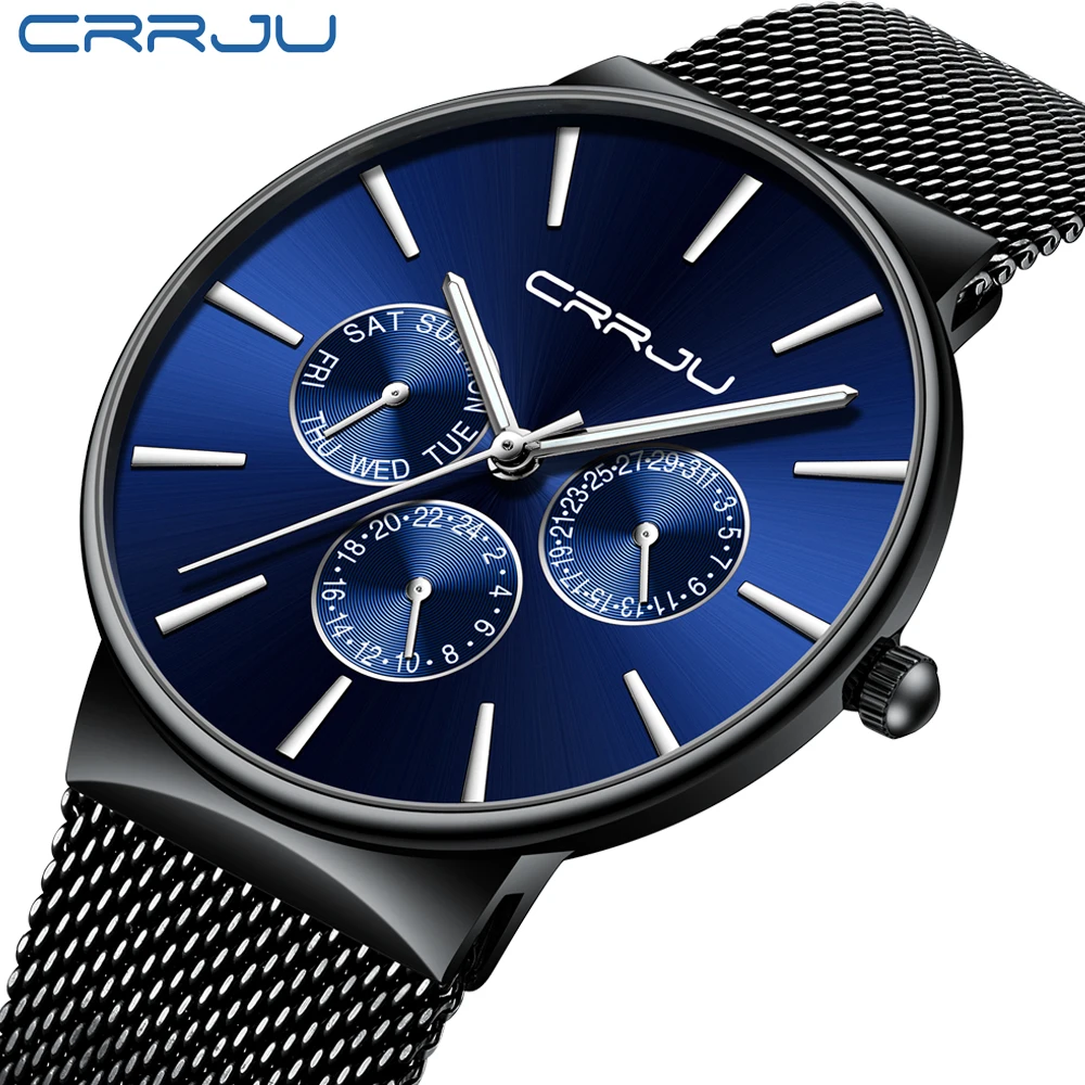 

CRRJU 2019 Top Luxury Brand Mens Business Casual Watches with Weekly Display Stainless Steel Mesh Strap for Man erkek kol saati