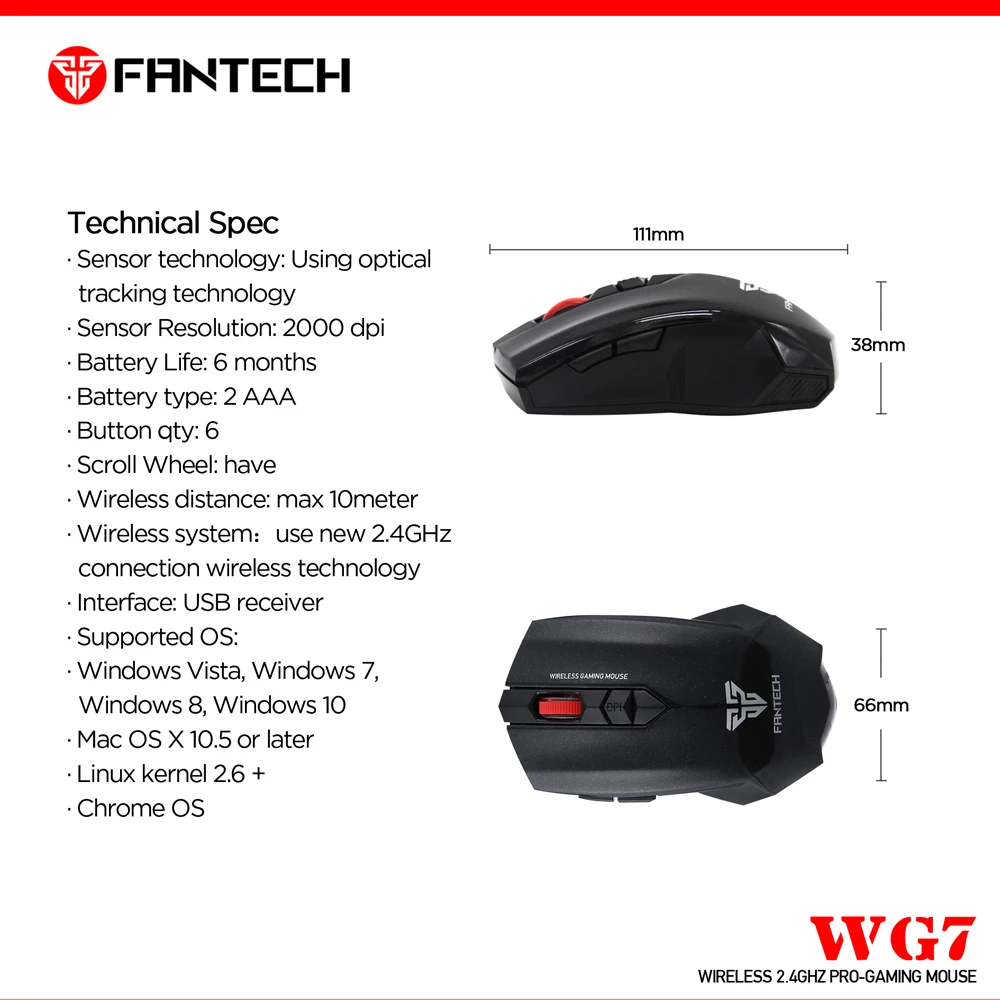 FANTECH WG7 Беспроводная 2,4 ГГц мышь 2000 dpi 6 макро оптических мышей 2,4 ГГц 10 м дистанционное управление расстояние мышь геймер