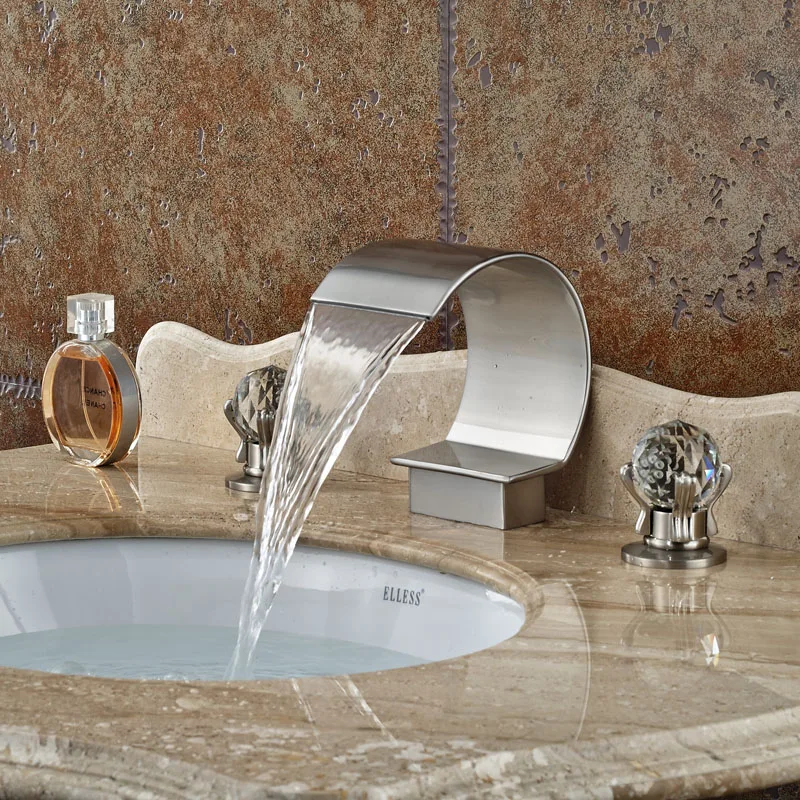 Deck Mount Brushed Nickel Luxury Bathroom Waterfall Mixer Taps Dual Handle Basin Sink Faucet Dual Cristal Handles