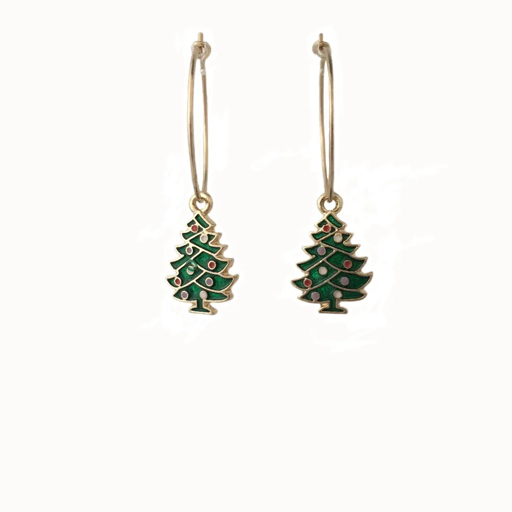 

CLASSIC EARRINGS GOLD COLOR GREEN XMAS TREE CHARM HOOP EARRINGS FOR WOMEN GIRL