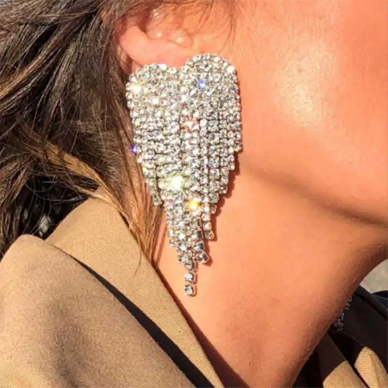 

Women Fashion Rhinestones Tassel Earrings Fringe Shiny Heart Shape Drop Dangel Earrings Wedding Bridal Culb Party Jewelry Female
