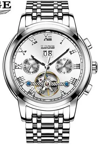 LIGE, мужские часы, Лидирующий бренд, Роскошные автоматические механические часы, мужские деловые полностью стальные водонепроницаемые спортивные наручные часы, Montre Homme - Цвет: Silver white steel
