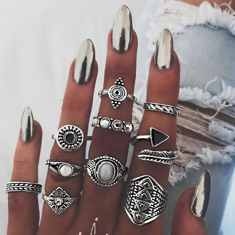

Vintage Bohemia Rings Women Boho Geometric Flower Crystal Ring Set Crown Carved Finger Jewelry Bague anillos mujer Festival V002
