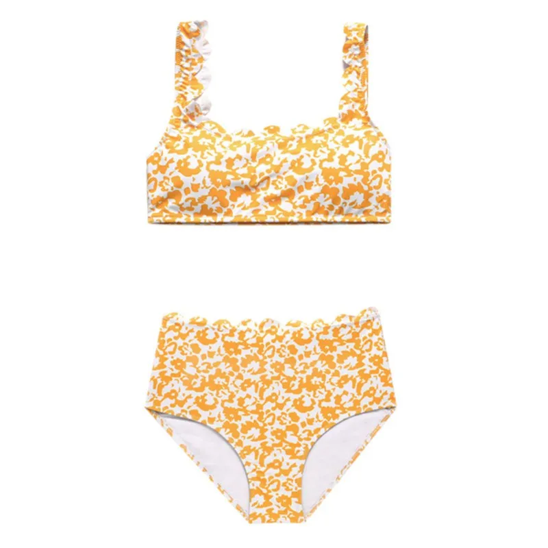 

Women Sexy Sweet Print Simple High Waist Halter Cross Strap Split Bikini Set Swimsuit for Summer