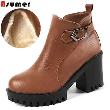 

ASUMER big size 34-43 women's snow boots round toe zip winter boots square heel buckle short plush keep warm ankle boots black
