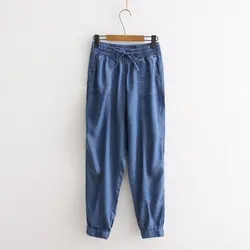 Корейский Новый дизайн женские летние тонкие джинсовые шаровары свободные с эластичной талией повседневные брюки до щиколотки женские