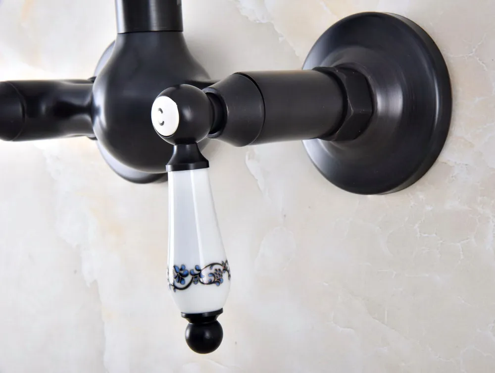 Black Oil Rubbed Bronze Wall Mounted Bathroom Kitchen Sink Faucet Swivel Spout Mixer Tap Dual Ceramics Handles Levers anf866