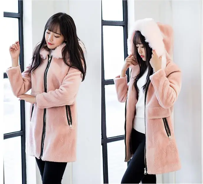 Tempérament Mouton À Femme gris 2017 Nouveau Renard Rouge Laine Col Manteau Paragraphe Capuche En Cisaillé Fourrure Long De Mode rose afSSO