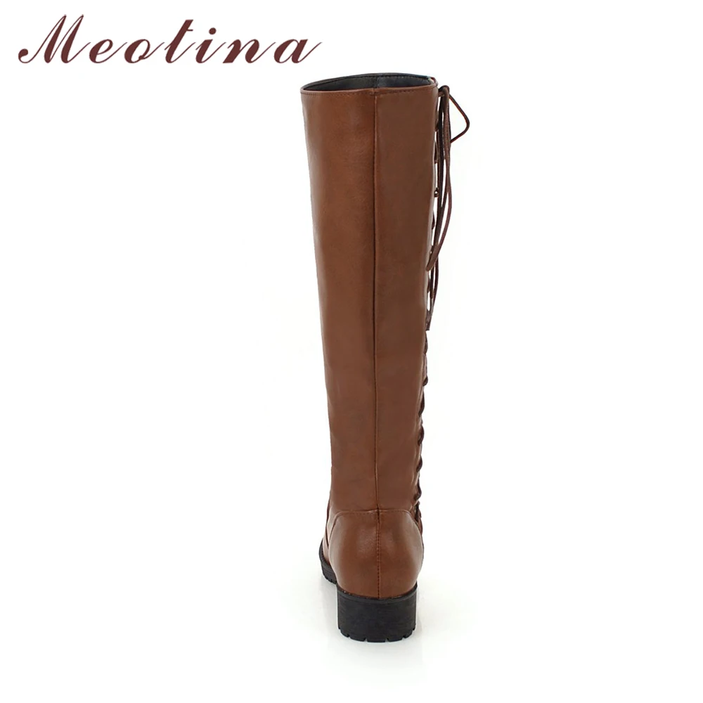 Meotina/; зимние сапоги; женские сапоги на среднем каблуке со шнуровкой; сапоги до колена с круглым носком; модная Женская Осенняя обувь; цвет бежевый, коричневый