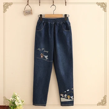 

Korean 2019 Spring Denim Pants Women Casual Cartoon Embroidery Elastic Waist Jeans Pocket Solid Straight Long Pants T683
