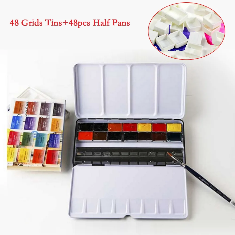 

48 Gird Metal Empty Watercolor Tins Pans Palette Paint Case Box Set 48pcs Half Pans for Children Artist Student Beginners