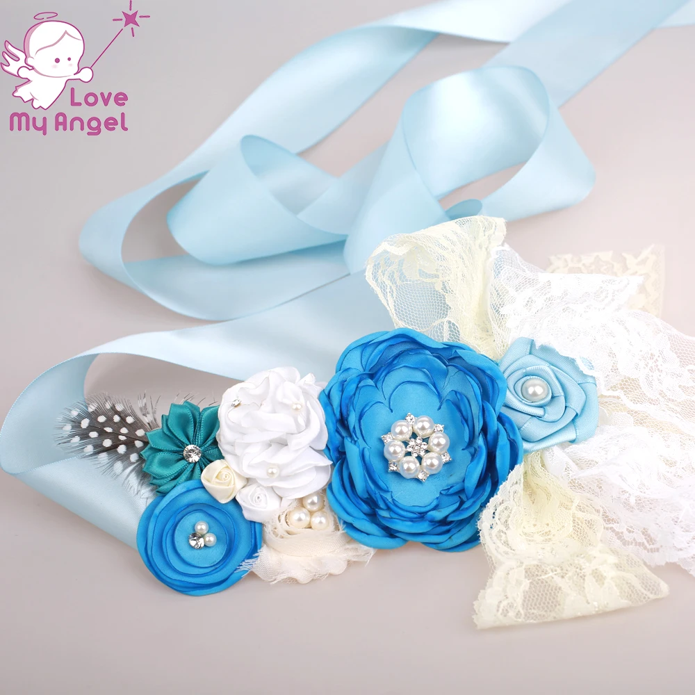 Blue Maternity sash satin feather lace flower belt baby boy pregnancy