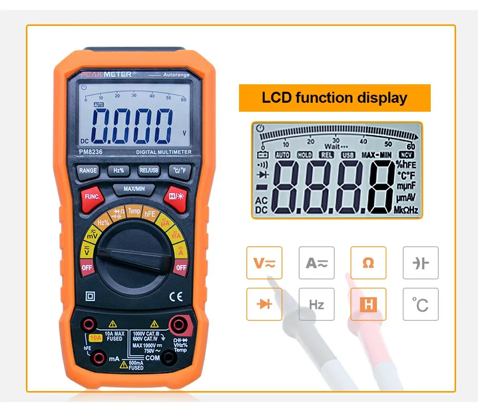 PEAKMETER MS8236 6000 отсчетов цифровой мультиметр с T-RMS/USB 1000 В 10A 60 м ом 100mF 10 МГц рабочий цикл температуры