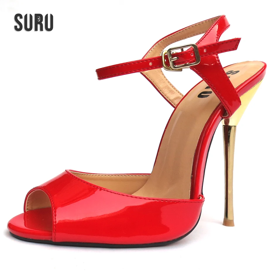 

SURU Large Size Sandals Heels Women Red Open Toe High Heels Sandals Plus Size 37-46