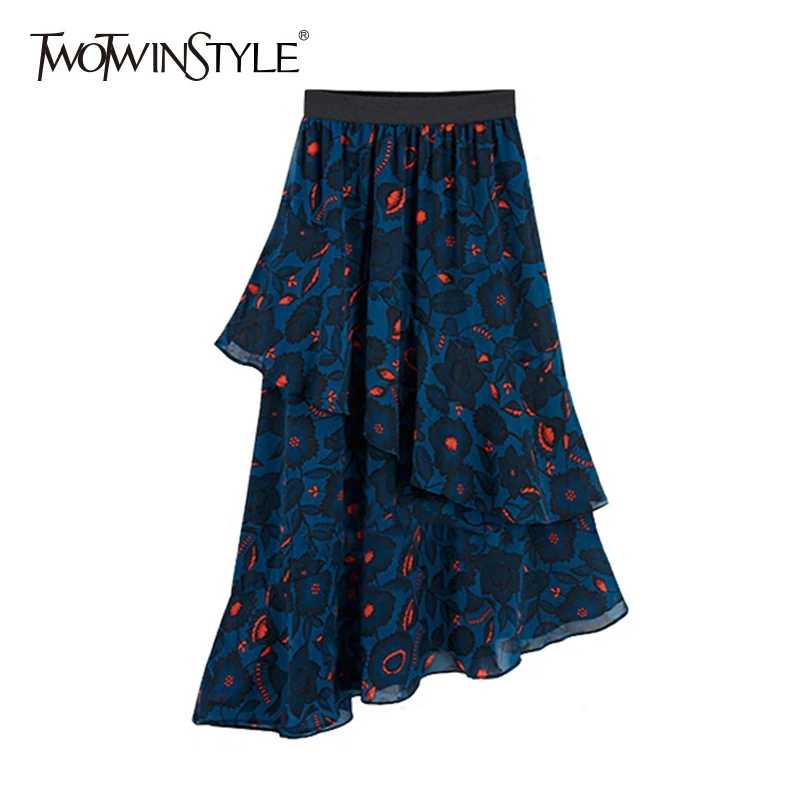 TWOTWINSTYLE Chiffon Floral Skirt Womens Elastic High Waist Draped Asymmetrical Midi Skirts Female Spring Fashion Clothing 2020 TWOTWINSTYLE Chiffon Floral Skirt Womens Elastic High Waist Draped Asymmetrical Midi Skirts Female Spring Fashion Clothing 2020