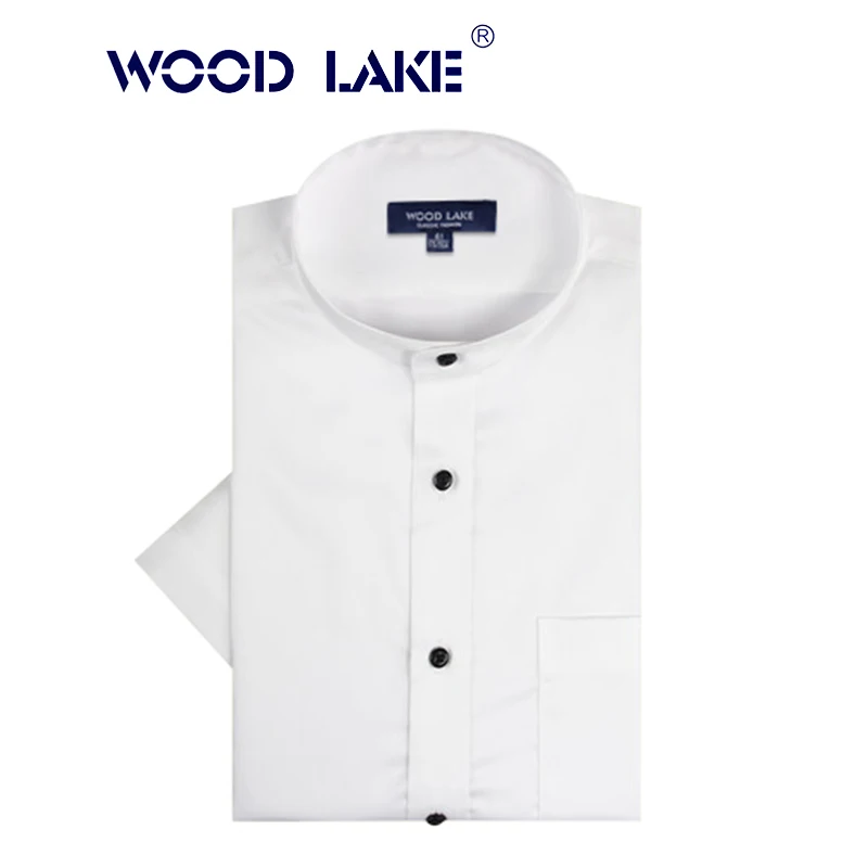 WOOD LAKE 2018 Summer Short Sleeve White Men Dress Shirts Slim Fit