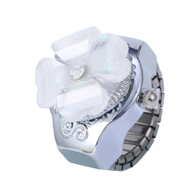 Fashion Rhinestone Clover Clamshell Women's Watch Lovely Round Dial Ladies Quartz Dress Finger Ring Watches Relogio Feminino