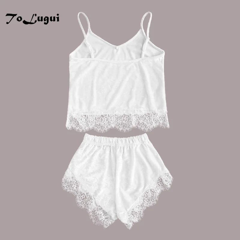 

Women Vintage Two Piece set Sexy Velvet Tracksuits Top With Shorts Set Women Eyelash Lace Cami Summer Casual Sling Short Set