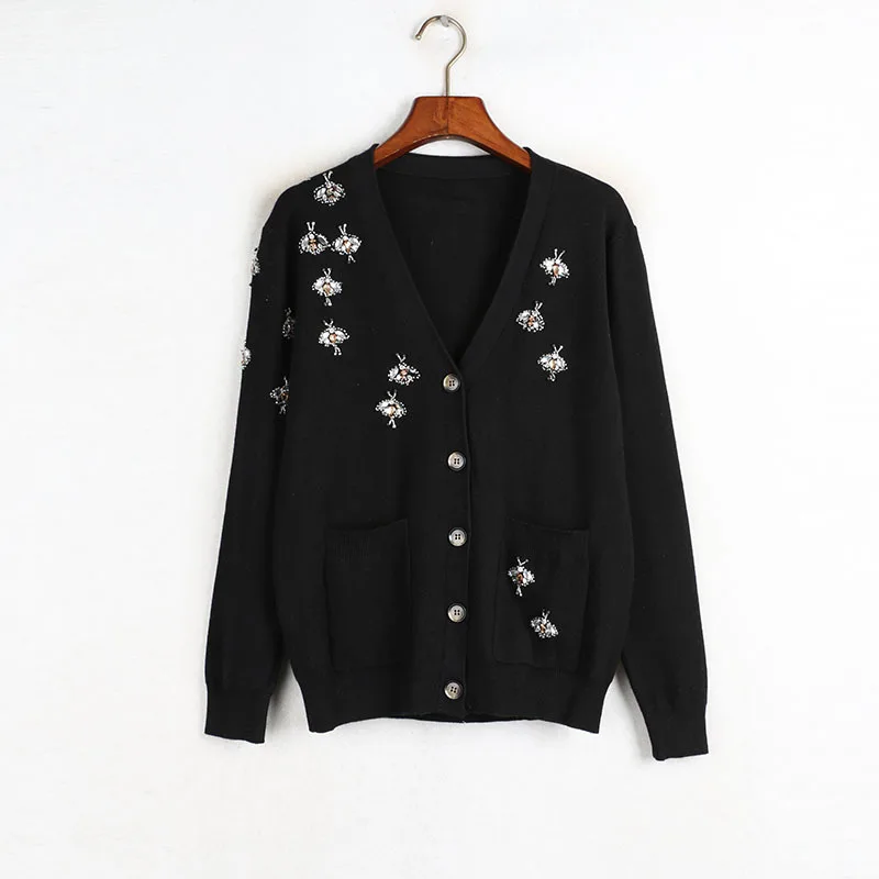 

Luxury Designer Brand Knitted Sweater for Women V Neck Rhinestone Beading Bee Cardigan Black