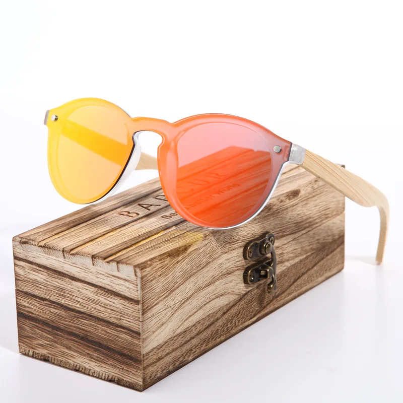 BARCUR солнцезащитные очки кошачий глаз деревянные бамбуковые солнцезащитные очки женские модные зеркальные солнцезащитные очки мужские брендовые дизайнерские очки - Цвет линз: Orange WoodBox