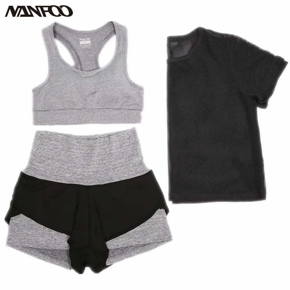 Летний комплект из 3 предметов для йоги, женский спортивный костюм с коротким топом, бюстгальтер, косынка, кототкое быстросохнущее для спорта, комплект дышащей одежды - Цвет: Черный