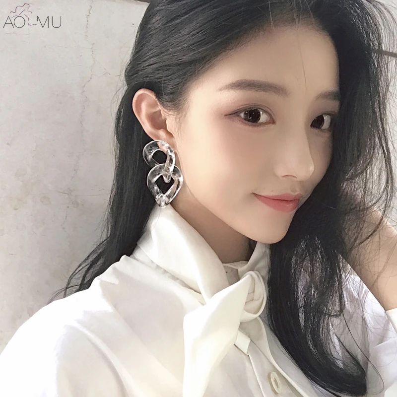

AOMU Punk Cool Summer Korea Design Transparent Double Irregular Circle Acrylic Geometric Long Drop Earrings for Women Girl