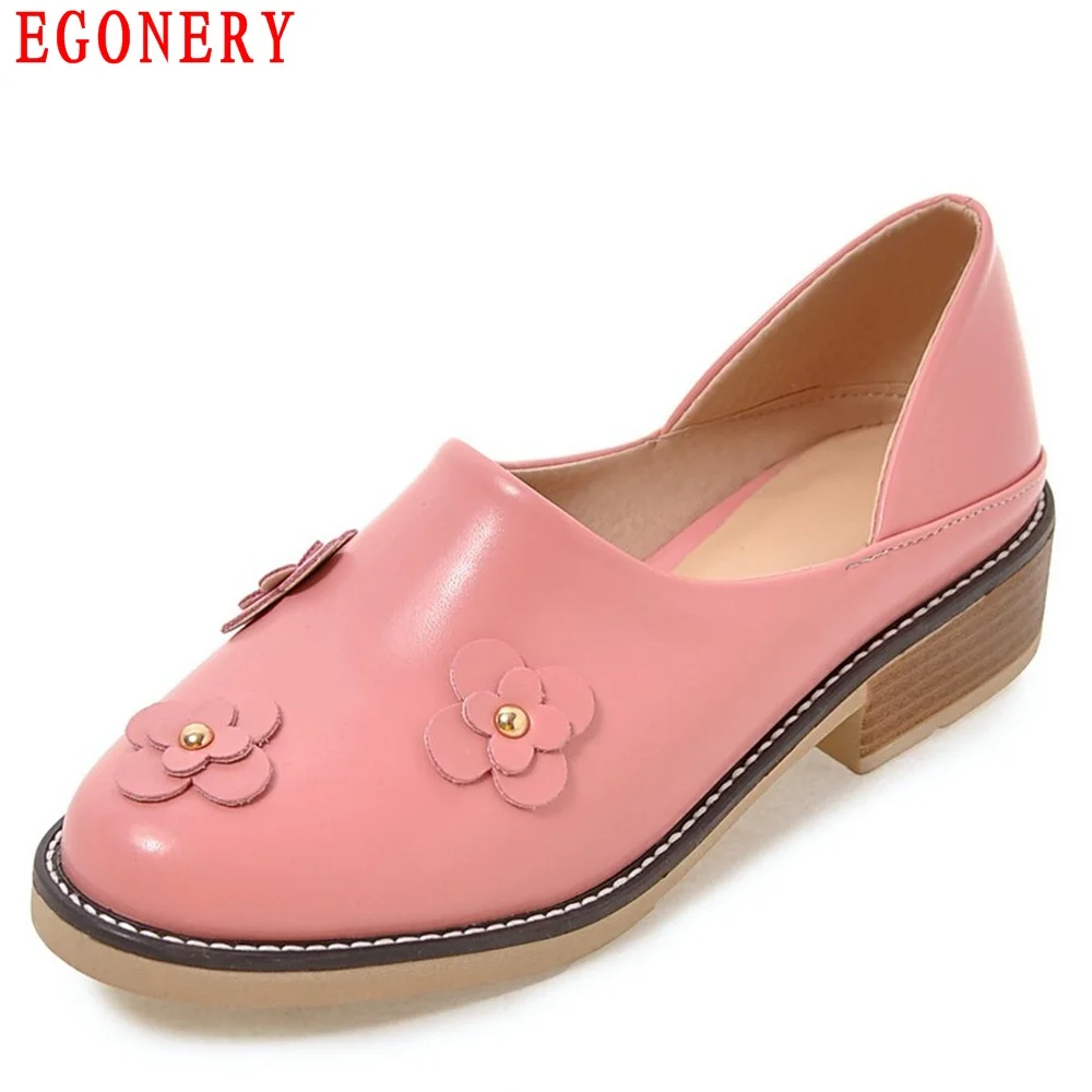 

EGONERY Spring Slip On Sweet Floral PU Leather Ladies Pumps Round Toe Thick Low Heels Casual Shoes Woman